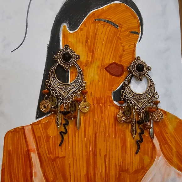 Antique Indian Pakistani traditional, Gold Bead Drop Jhumka Earrings - Picture 3 of 4